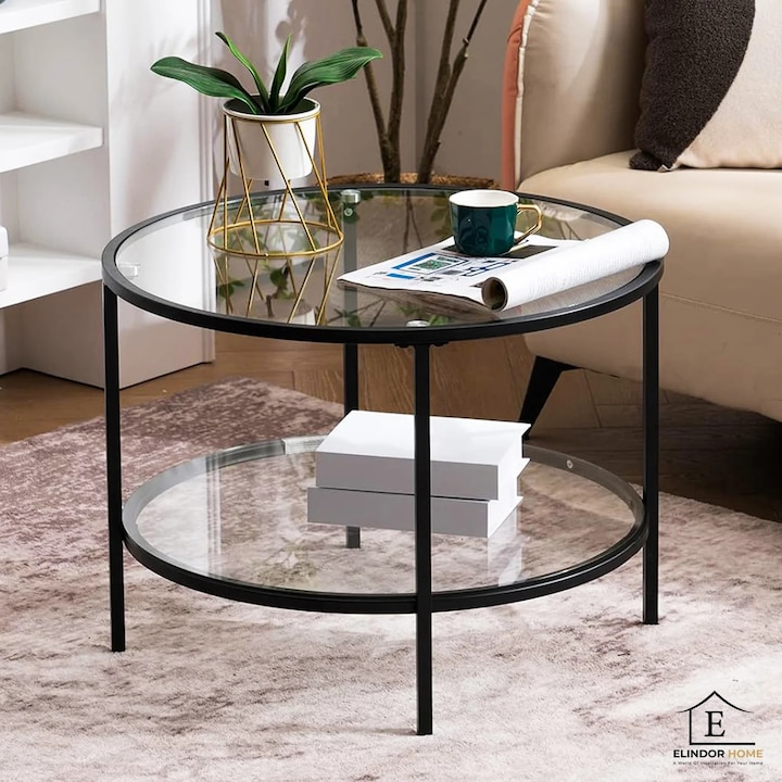 Masa de Cafea Elindor® din Sticla, Rotunda, Design Industrial, Ideala pentru Living, Birou, Dormitor, Mobila Multifunctionala, Moderna, Greutate Maxima Suportata 45 kg, Cos Depozitare, 90.5x90.5x45.5 cm, Negru