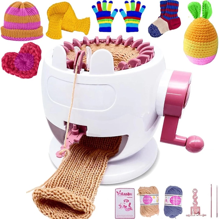Masina de tricotat portabila cu 22 de ace, set complet accesorii + 2 role lana, pentru salar, sapci, sosete, manuala, cu manual instructiuni, ideal pentru bricolaj si cadouri personalizate