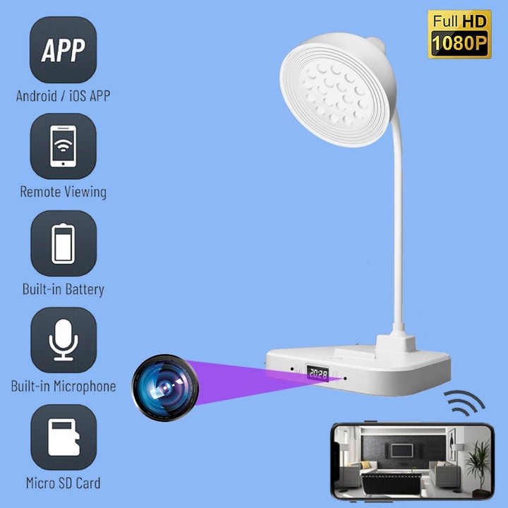 Camera Spion Wi-Fi,718W Ascunsa in Lampa LED, Full HD, Inregistrare Audio-Video, Detectia miscarii, Slot Card, cu Aplicatie Live