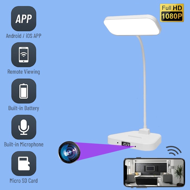 Camera Spion Wi-Fi,714W Ascunsa in Lampa LED, Full HD, Inregistrare Audio-Video, Detectia miscarii, Slot Card, cu Aplicatie Live