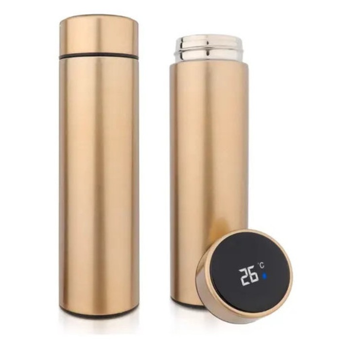 Termos Smart Auriu, 500 ml, pereti dubli din inox, afisaj LED