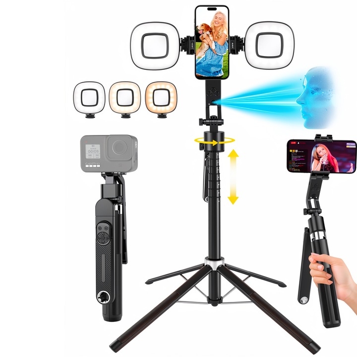 Trepied， Fain Mioritic®, selfie Stick Smart Gimbal 1.8m, urmarire automata a fetei, recunoastere faciala AI, 2 lumini umplere