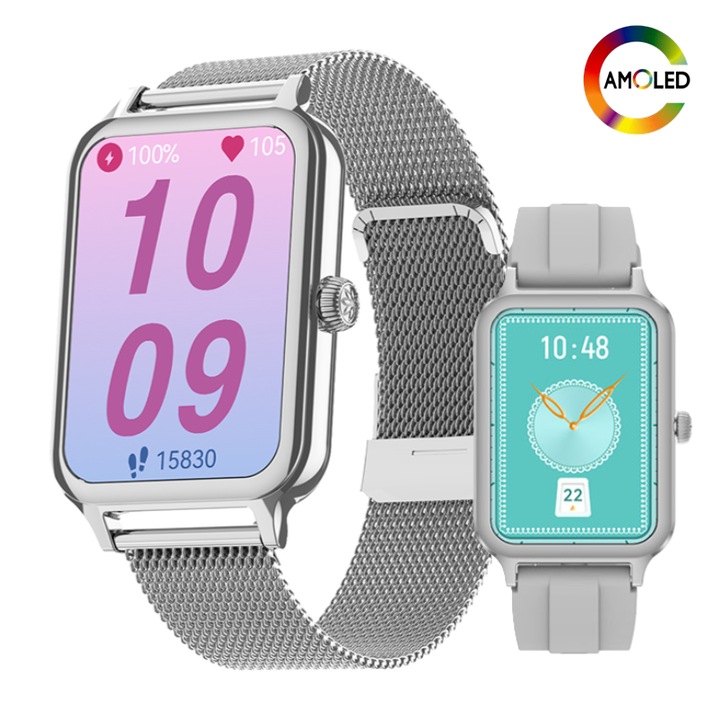 Zenark DT1 okosóra, AMOLED UHD kijelző, SLIM design, Ultrakönnyű, 24 órás pulzusfigyelés, SpO2 vér oxigénszint, Vérnyomás, Alvás, +100 sport, WhatsApp értesítések, Email, SMS, HD hívás, 2 szíjjal, Ezüst