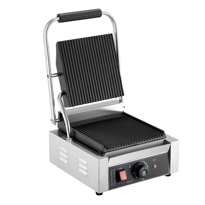 Grill Panini, Profesional, suprafata de gatit Striata/Striata 22x23 cm, controlul temperaturii 50°C la 300°C, Placi emailate din fonta, 1800 W