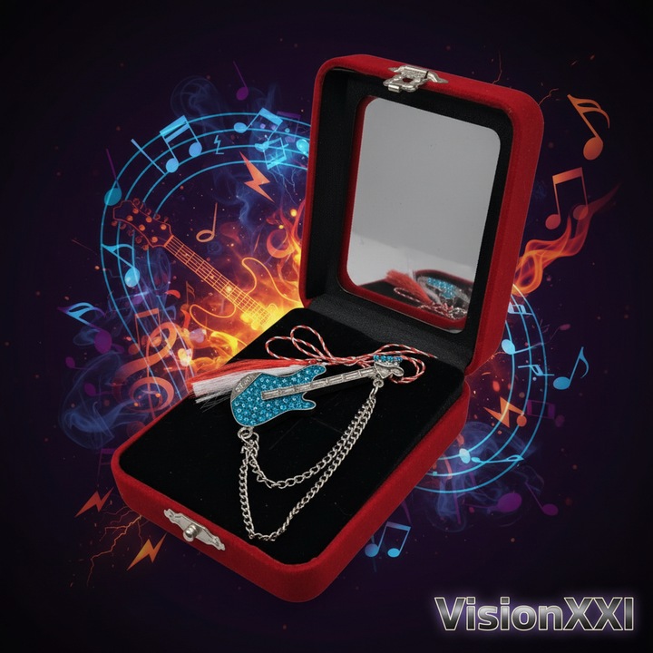 Martisor Brosa Mare, Chitara Rock cu Cristale Albastre si Lantisor, in cutie de catifea rosie cu fereastra de sticla, VisionXXI