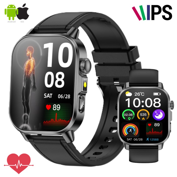 ZENARK® ET57 ONE okosóra, IPS UHD 4K kijelző, EKG+PPG, MET, HRV, 24 órás pulzusszám, alvás, stressz, véroxigén, testhőmérséklet, vérnyomás, légzés, testösszetétel, HD hívás, értesítések, e-mail, SMS, +100 sport, fekete