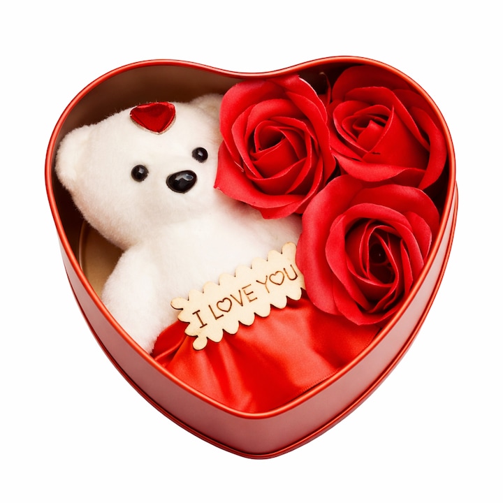 Set Cutie Cadou in Forma de Inima – Ursulet & Trandafiri din Sapun
