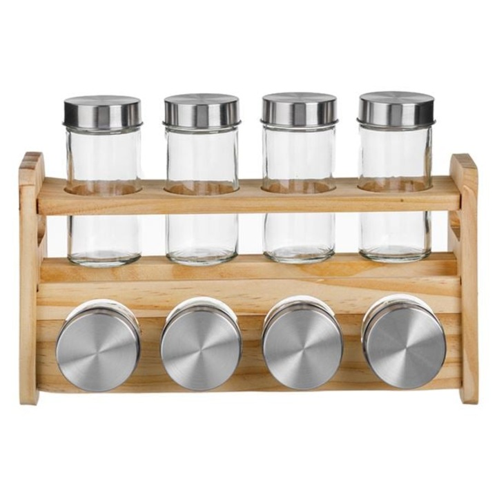 Set recipiente pentru condimente, 8 recipiente din sticla cu suport, 85 ml