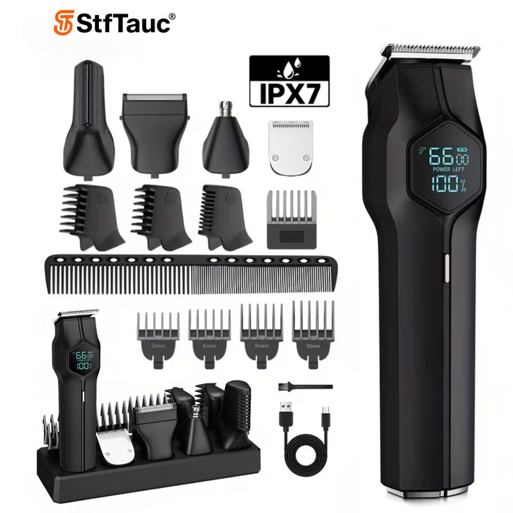 Masina de Tuns si Ras Profesionala StfTauc®, Set Multifunctional 5-in-1, Aparat de tuns Par, barba, Corp, Nas si Urechi, Trimmer Rezistent la Apa IPX7, Afisaj LCD, Incarcare USB, Baterie 1200 mAh, Autonomie 180 min, Negru