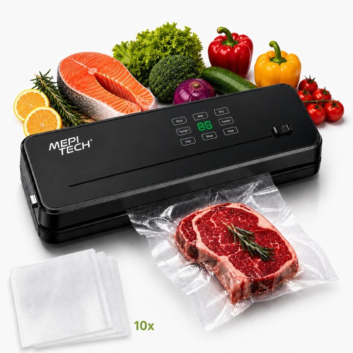 Aparat De Vidat Si Sigilat Alimente, Mepi Tech®, Aparat Vidat Alimente, Automat Pentru Uz Casnic, Profesional Cu Touch Screen, Control Temperatura, Sistem Etansare De Inalta Calitate, Cutter Integrat, Design Modern Si Usor De Utilizat