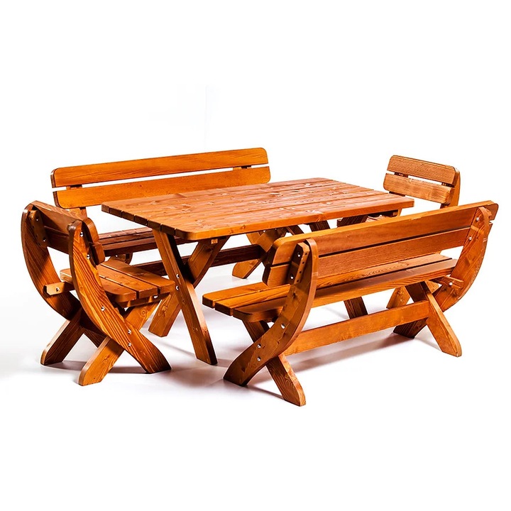 Set mobilier gradina Wien, 200x80 cm, culoare cires, 10 persoane, lemn, masa, 2 banci, 2 scaune