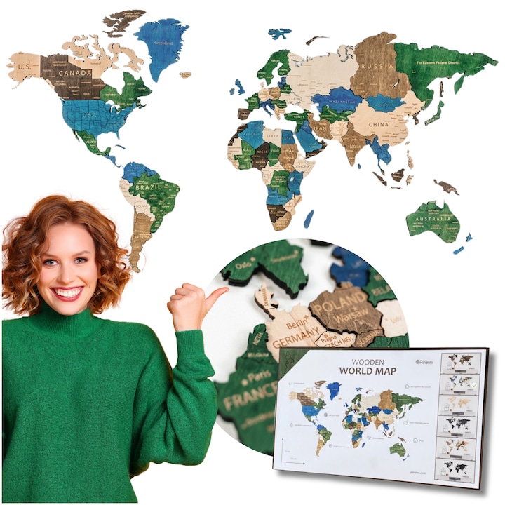 Harta Lumii din Lemn 3D, Multicolor, 181x100 cm, Decoratiune de Perete Eleganta, Ideala pentru Birou sau Living, Detalii Gravate, Premium Design