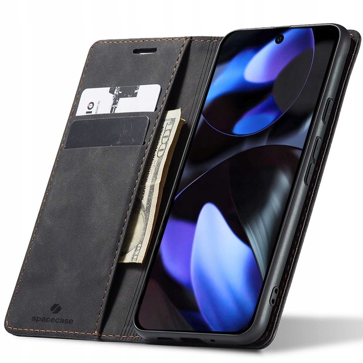 Husa telefon Spacecase Wallet pentru Google Pixel 10 Pro XL, cu inchidere magnetica, compartimente pentru carduri, ecologica, neagra
