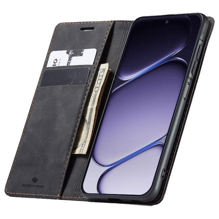 Etui portfel Spacecase Wallet pentru OnePlus 15R, piele ecologica, negru, cu inchidere magnetica, suport pentru vizionare video