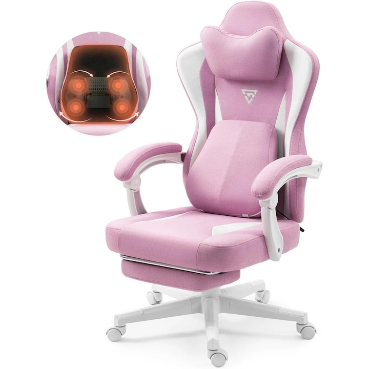 Scaun Gaming TOPSCAUNE®, Masaj Lombar Cu Incalzire, Spatar Ergonomic Rabatabil 155°, Sezut Hybrid Cushion Cu Arcuri Individuale, Suport Picioare Extensibil, Cotiere Burete, Reglaj Inaltime 44-53 Cm, Material Textil Respirabil, Roz/Alb