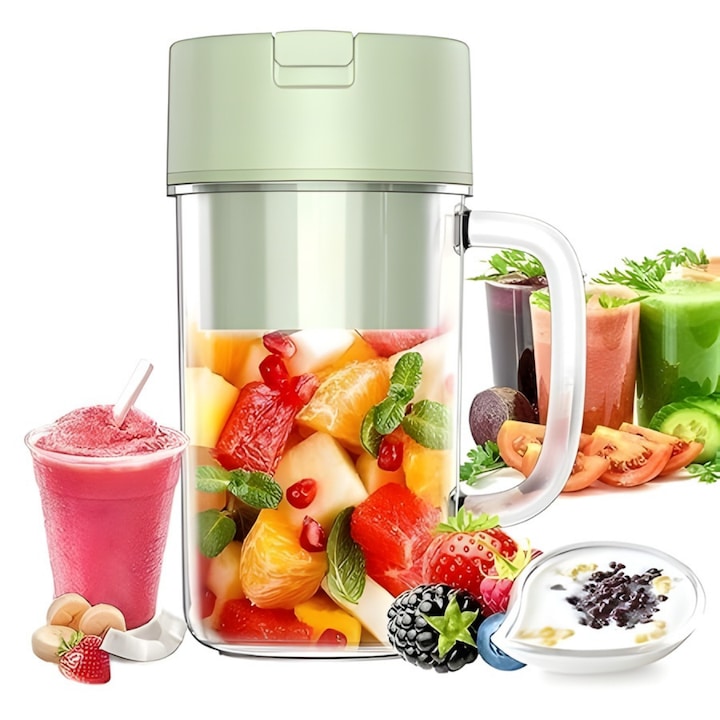 Storcator De Citrice Macvi® Portabil din Plastic cu Acumulator, Blender Reincarcabil USB, 6 Lame din Otel Inoxidabil, BPA Free, Anti-scurgere, Capac cu Pai, Capacitate 420 ml, Smoothie-uri si Sucuri