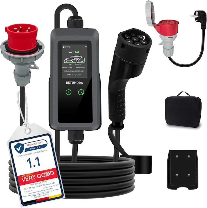 Statie de incarcare portabila cu cablu Type 2, 11 kW, 8-16A, impermeabil IP67, 230 V, 7 m, trifazat CEE 16A, IEC 62196-2, afisaj LCD, Betumoda, cablu de incarcare EV compatibil cu Tesla Model Y/3, VW ID.3/4/5, MG4, EX30, e-up