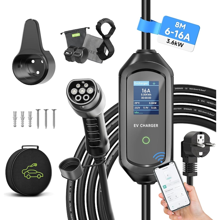 Statie de incarcare portabila pentru masini electrice cu cablu Type 2, cablu de incarcare EV, 8 m, 3, 6 kW, 6A-16A, IEC 62196-2, Schuko, impermeabil IP 66, afisaj LCD, cu geanta de depozitare si transport