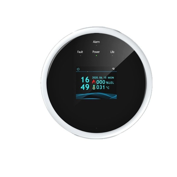 Detector de gaze naturale, ecran LCD, Wi-Fi, graffiti inteligent, instructiuni vocale, gestionare prin aplicatie mobila, protejarea sigurantei gospodariei, alb