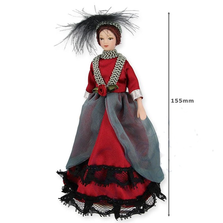 Papusa din portelan scara 1/12 cu rochie rosie de epoca, palarie si suport