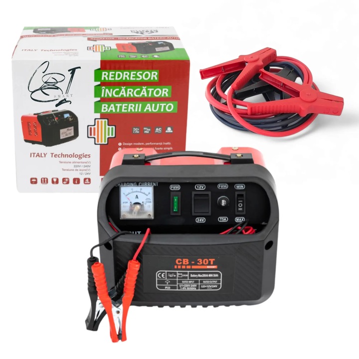 Pachet redresor auto CB-10, 12-24V, 30-250Ah, include cabluri pornire 2.5 m x 10 mm, curent maxim 200A - COBI SMART®