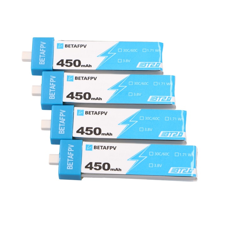 Set baterii Betafpv bt2.0 450mAh 4 bucati pentru dron 1S tensiune 3.8V baterii LiPo de rezerva pentru zbor prelungit si sesiuni multiple fpv