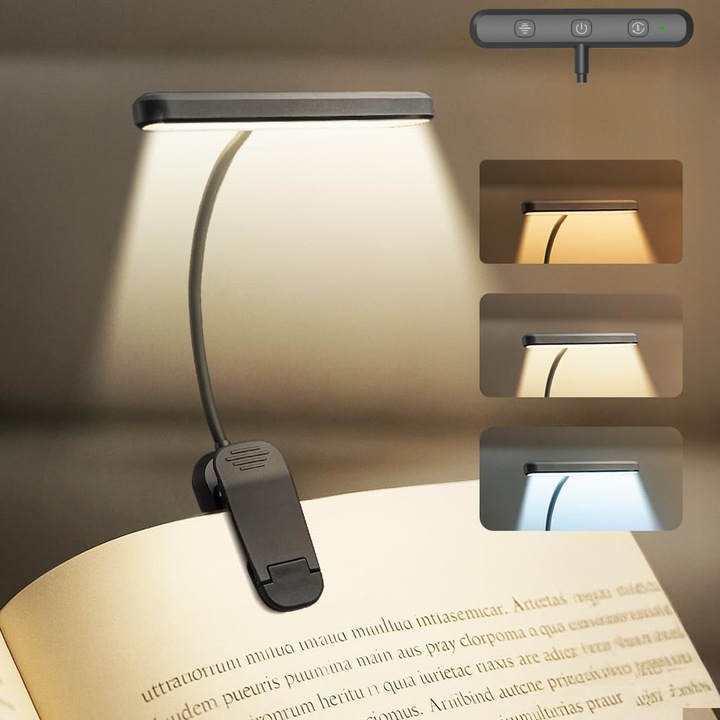Lampa de lectura reincarcabila pentru pat, protectie ochilor, 3 temperaturi de culoare, 25 LED - 15 niveluri de luminozitate fara trepte, autonomie pana la 60h, lampa cu clema usoara, cadou pentru iubitorii de carti, negru