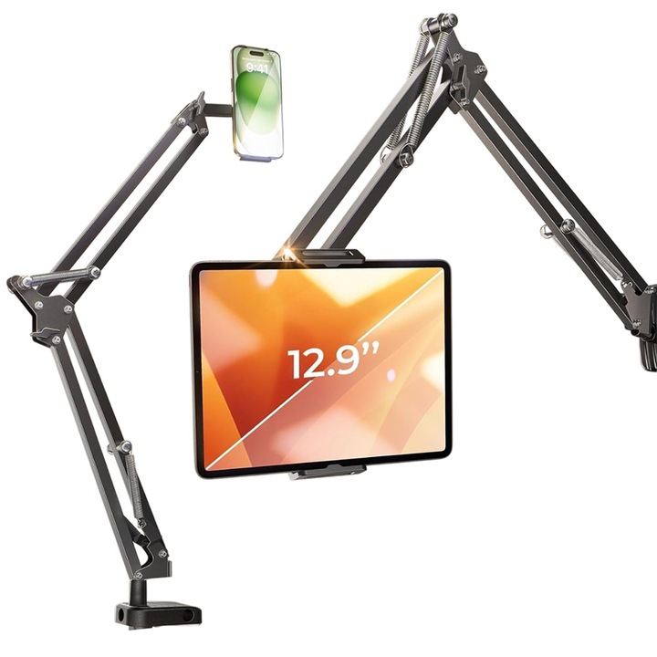 Suport de birou pentru tablete cu diagonala intre 4.7" - 12.9" Lisen YL0223060007, Rotativ, Pliabil, Ajustabil, Prindere cleme, Negru