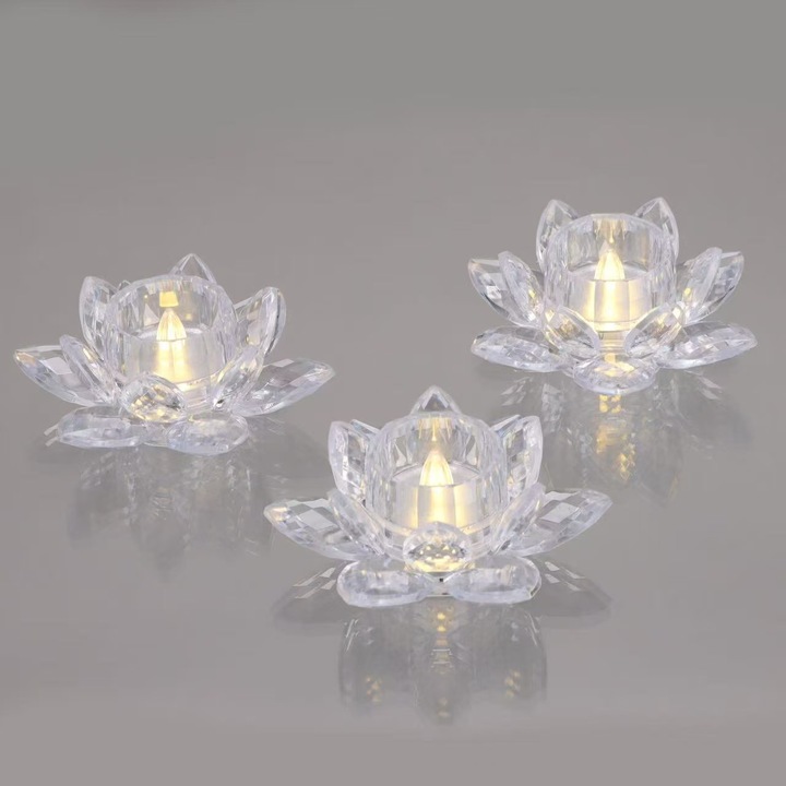 LED декоративна свещ Цвете Лотос, 10x4 см, прозрачна/златна, с изкуствен пламък