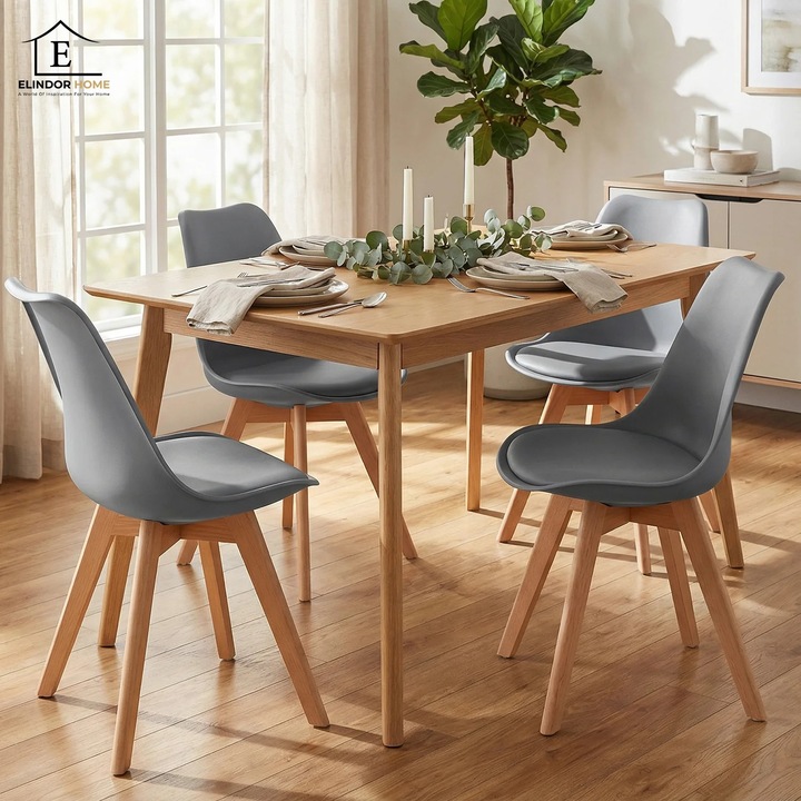 Комплект 4 кухненски стола Elindor® сиви, изработени от екологична кожа, дървени крака, удобен стол, възглавница за седалка, елегантен, за кухня, спалня, всекидневна, 50 x 45 x 81 см
