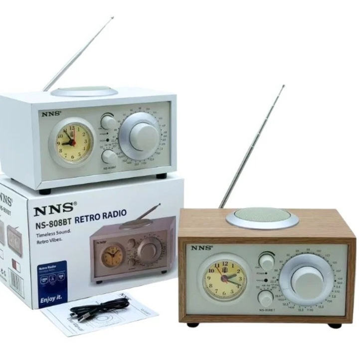 Radio Portabil Retro cu acumulator, NNS, Bluethoot/USB/AUX/TF 1200mAh cu functie TWS pentru dezastre naturale, pescuit, camping, alb maro