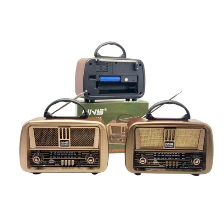 Радио Ретро преносимо с акумулатор, NNS, Bluetooth/USB/AUX/TF 1200mAh с TWS функция за природни бедствия, риболов, къмпинг, тъмнокафяво