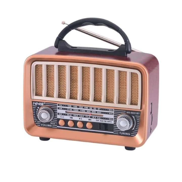 NNS, Ретро преносимо радио с акумулатор, Bluetooth/USB/AUX/TF 1200mAh с TWS функция за природни бедствия, риболов, къмпинг, дърво
