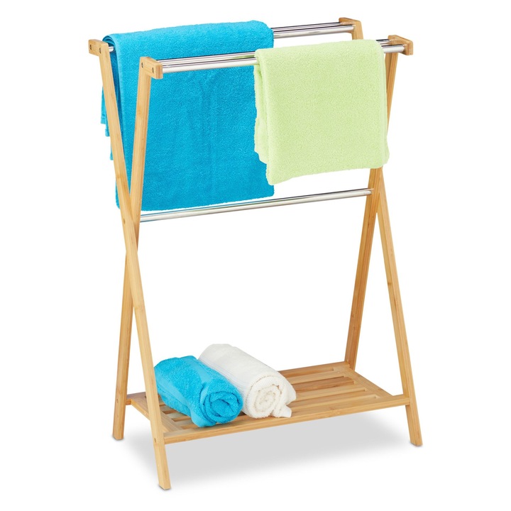 Suport pentru prosoape Relaxdays, din bambus cu raft, 3 bare din otel inoxidabil, 87x58.5x36cm, Maro