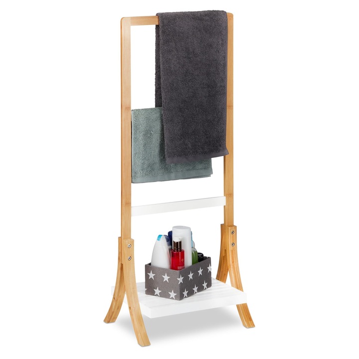 Стойка за кърпи Relaxdays, бамбук/MDF, 3 бара, кафяв/бял, 103x41x28см