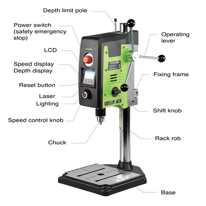 BG-518801 asztali fúrógép, 6 sebességes, 800W, 1.5-13 mm, LCD kijelző, 220V
