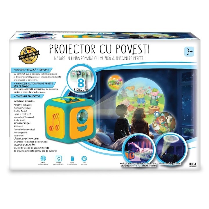 Proiector de Povesti pentru Copii CeMaCo® – Cub Interactiv cu Narare in Limba Romana, 8 Discuri Educationale, Proiectie pe Perete/Tavan, Muzica, Cantece si Melodii de Leagan, Lampa de Veghe, Jucarie Educationala 3+ Ani
