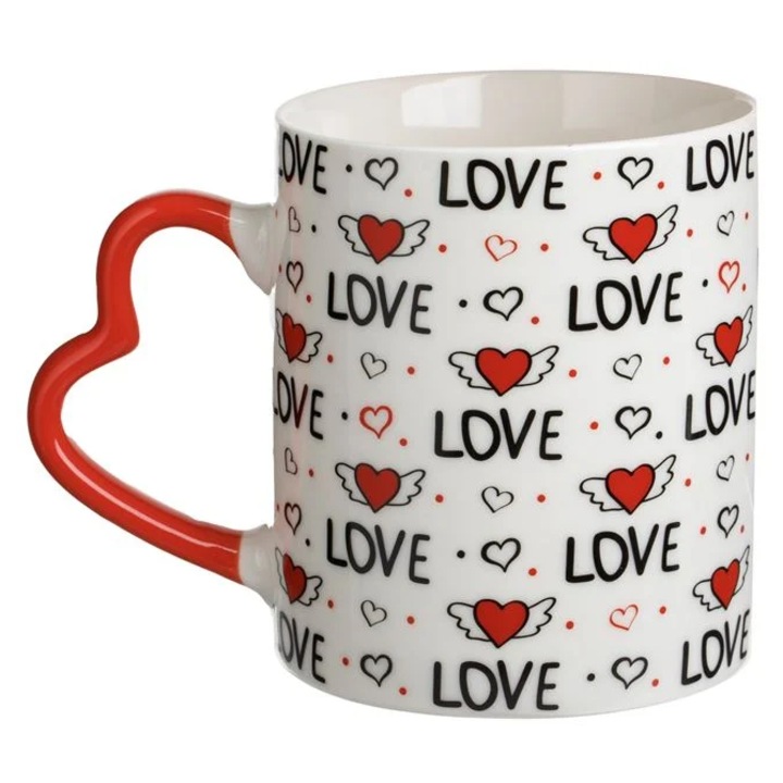 Керамична чаша Alba с дръжка сърце и ключодържател червено изкуствено сърце - 350мл