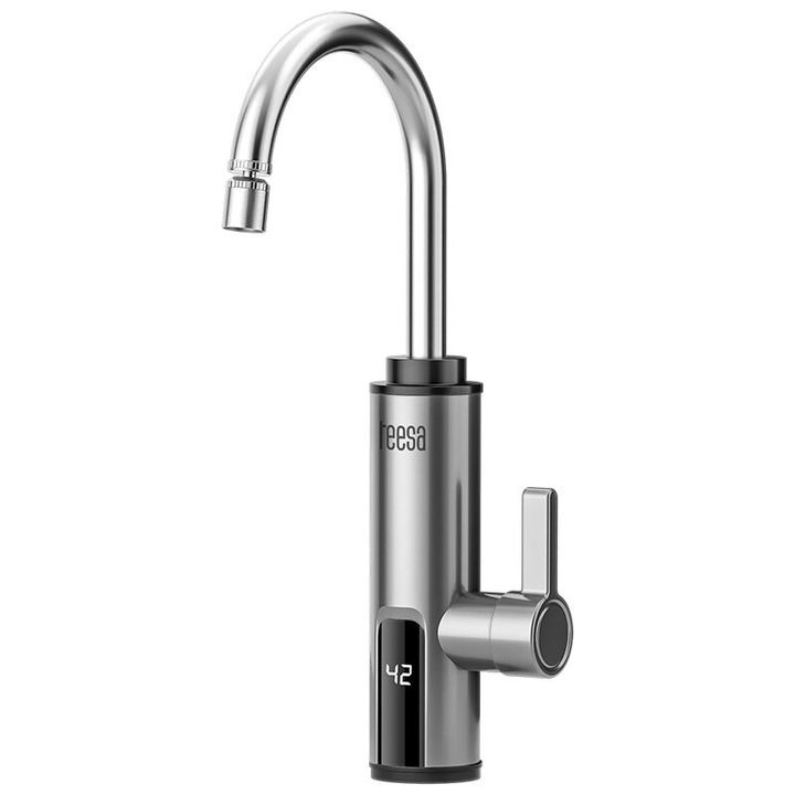Robinet electric instant Teesa, 3000 W, Inox, Afisaj LED, 2 l/min, Argintiu