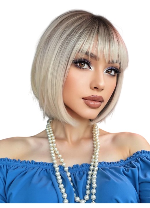 Peruca pentru femei, tunsoare par scurt bob, cu breton, lungime 25.4 cm, culoarea blond auriu cu radacini inchise