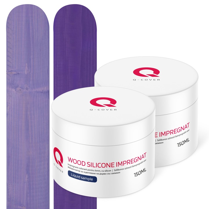 Set de mostre de culoare, Impregnant colorant pentru lemn, cu silicon, Q-Cover, pentru interior si exterior, Lavanda H2629 si Mov D100, Mat, 2 buc., 150ml