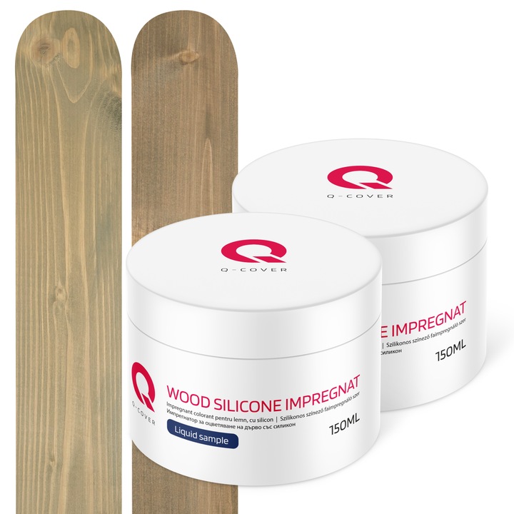 Set de mostre de culoare, Impregnant colorant pentru lemn, cu silicon, Q-Cover, pentru interior si exterior, Gri cu tenta de bej 7006 si Gri cu tenta de galben 7034, Mat, 2 buc., 150ml