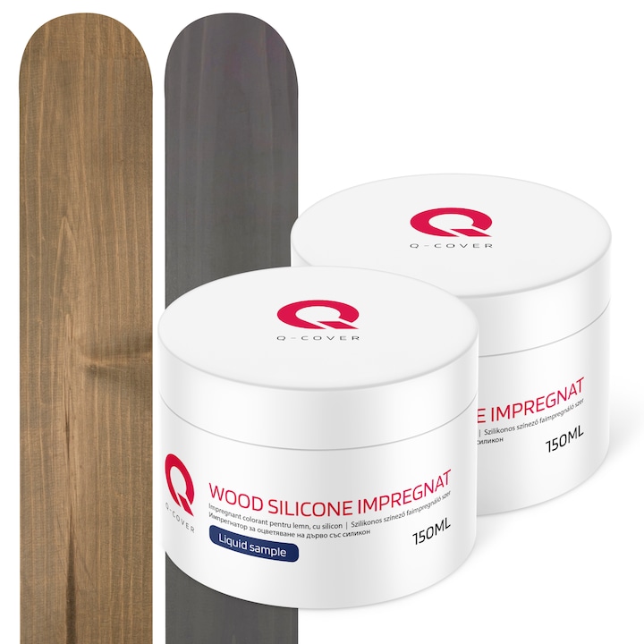Set de mostre de culoare, Impregnant colorant pentru lemn, cu silicon, Q-Cover, pentru interior si exterior, Maro cu tenta de gri 7013 si Antracit 7024, Mat, 2 buc., 150ml