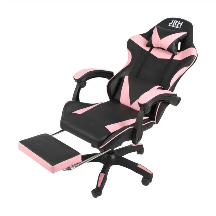 Scaun Gaming Profesional, King Size, Cadru Otel, Piele Sintetica, 130 kg, perna lombara – roz