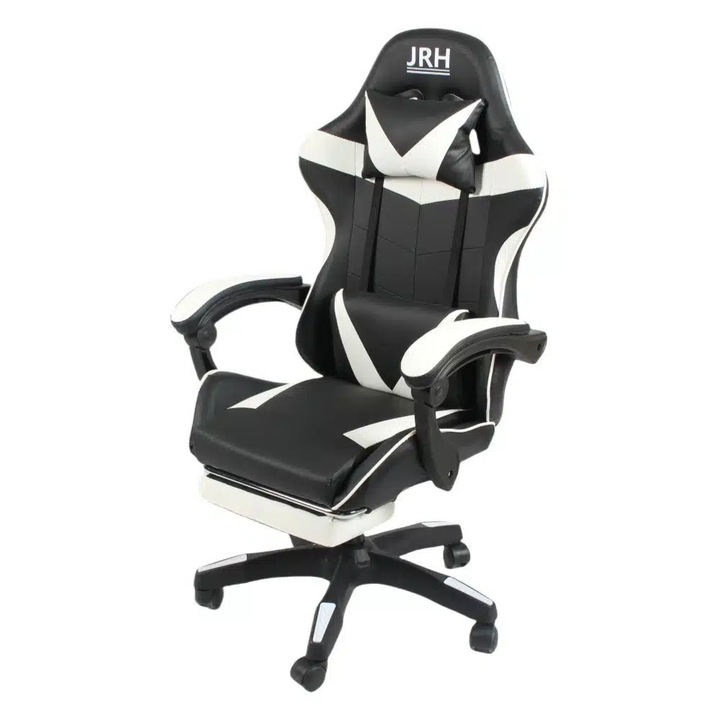 Scaun Gaming Profesional, King Size, Cadru Otel, Piele Sintetica, 130 kg, perna lombara – alb