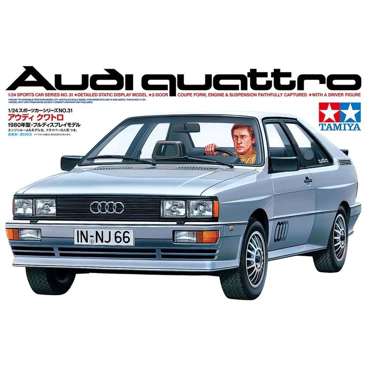 Machetă auto Audi Quattro 1:24 Tamiya, 80 piese, detalii metalice, 185x79x57mm