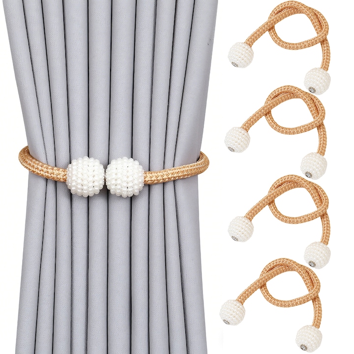 Set 4 Snururi Prindere Perdele, Magnetice, Perle, 50cm, Poliester, Dispozitive de Fixare Pentru Perdele