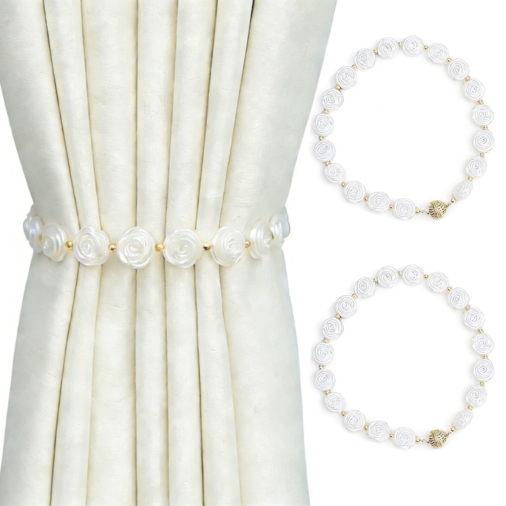 Snur prindere perdele, set 2 bucati, flori de trandafir, elastic, 40cm, alb