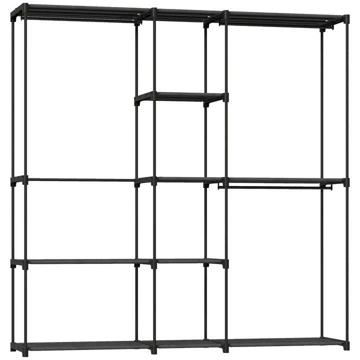 Dulap organizator imbracaminte Homcom, 8 rafturi, 3 bare de agatat, negru, 182x43x185 cm