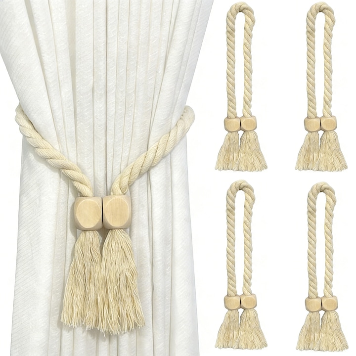 Set 4 Snururi Prindere Perdele, Magnetic, Bumbac, Bej, 60cm